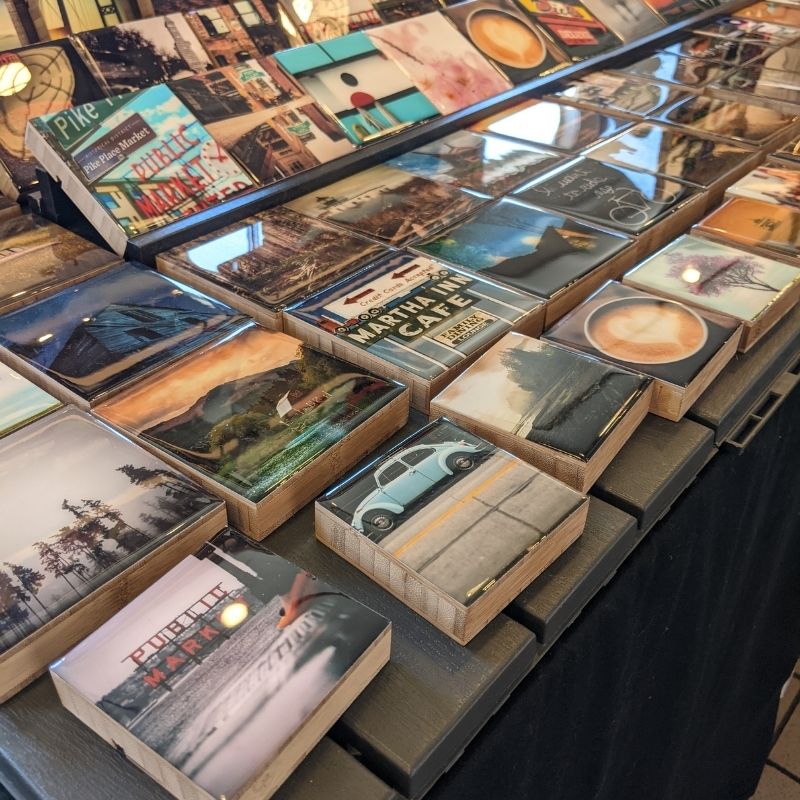 photos of pike place market and seattle featured on bamboo blocks from Little Kicking Bird