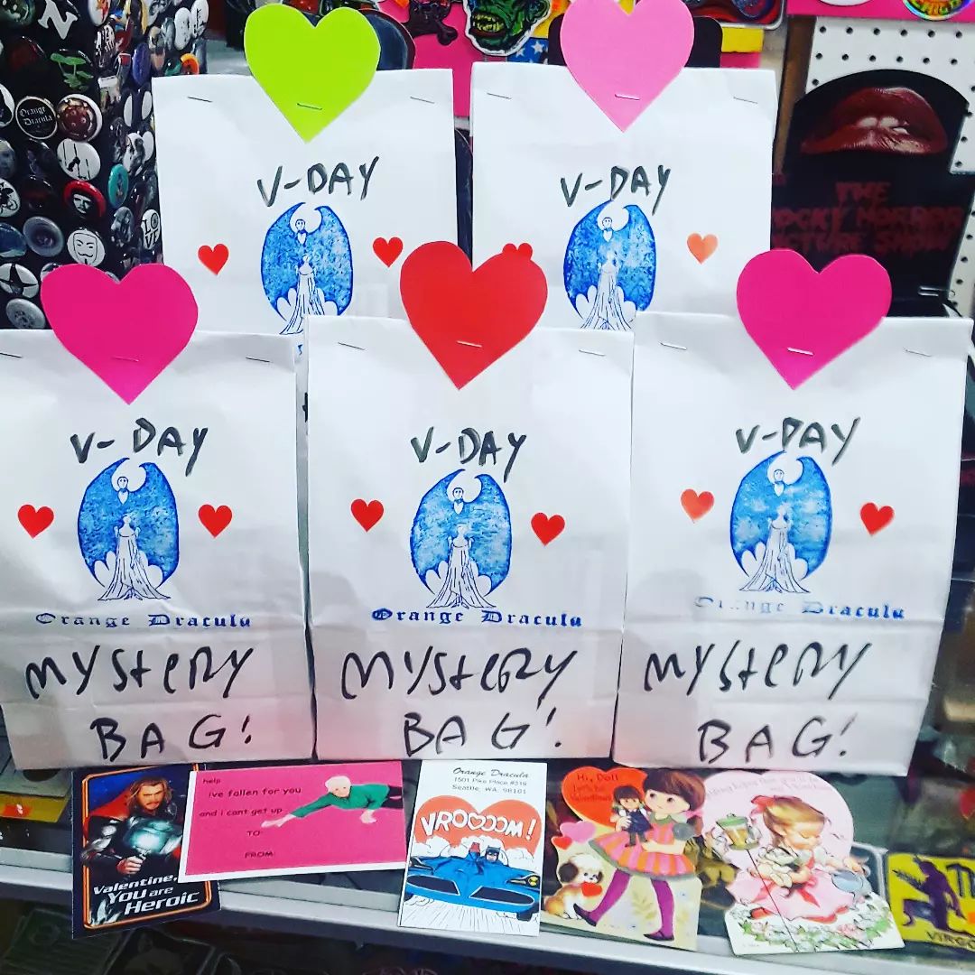 Valentine's Day mystery bags at orange Dracula at pike place market