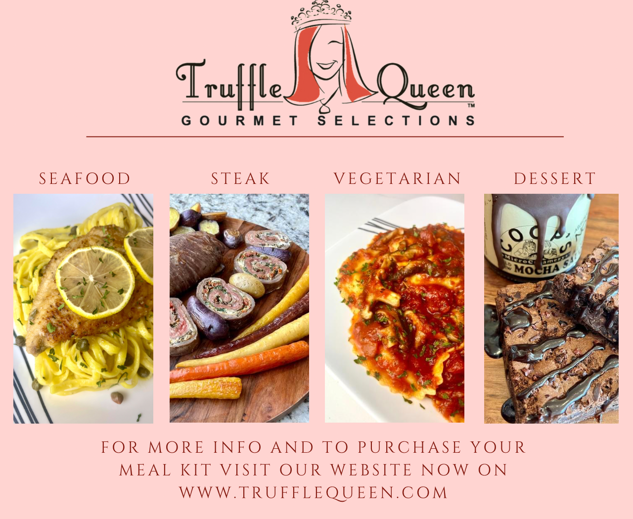 graphic featuring 4 valentine's day meal kits seafood, steak, vegetarian, dessert from Truffle queen in pike place market