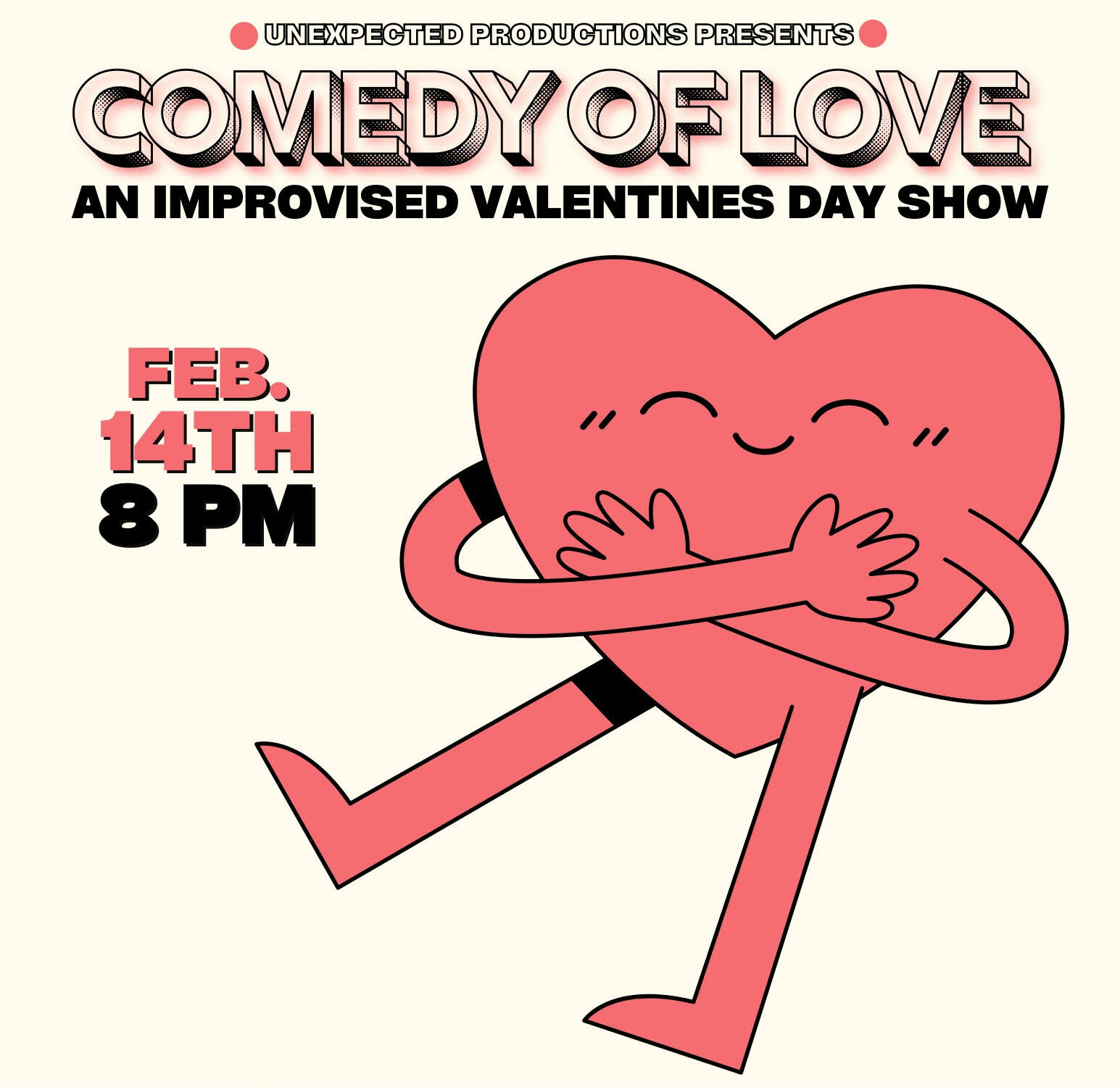 Comedy of love flyer for unexpected productions in seattle