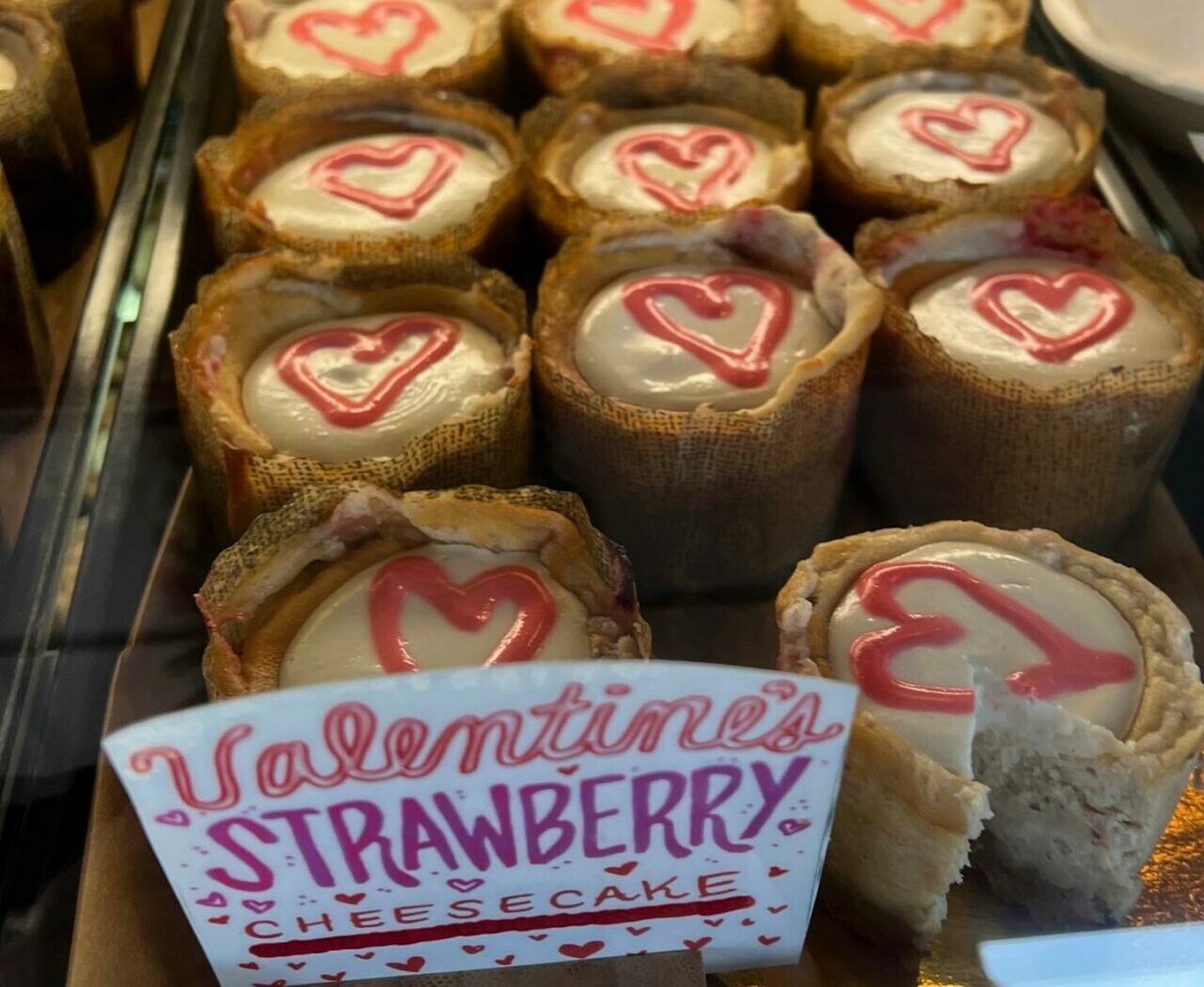 Cheesecake with pink hearts at the Confectional in Pike Place Market