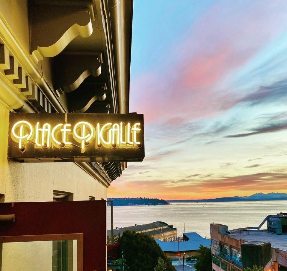 sunset outside the entrance of place pigalle at pike place market