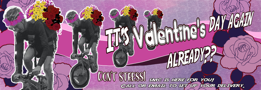 Image depicting bike couriers carrying flower bouquets with the words don't stress. Seattle Messenger Cooperative is here for you this Valentine's Day