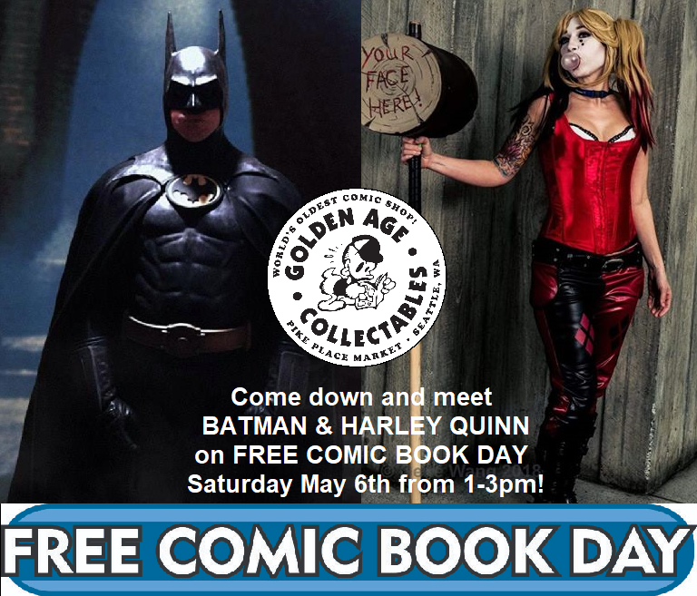 a poster for free comic book day at Golden Age Collectables in Pike Place Market. 