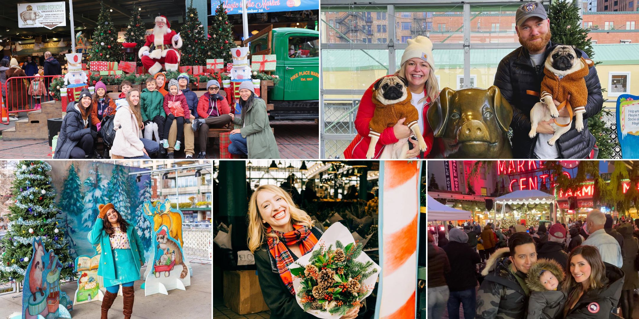 a collage of holiday photos of people smiling at Pike Place Market at Christmas