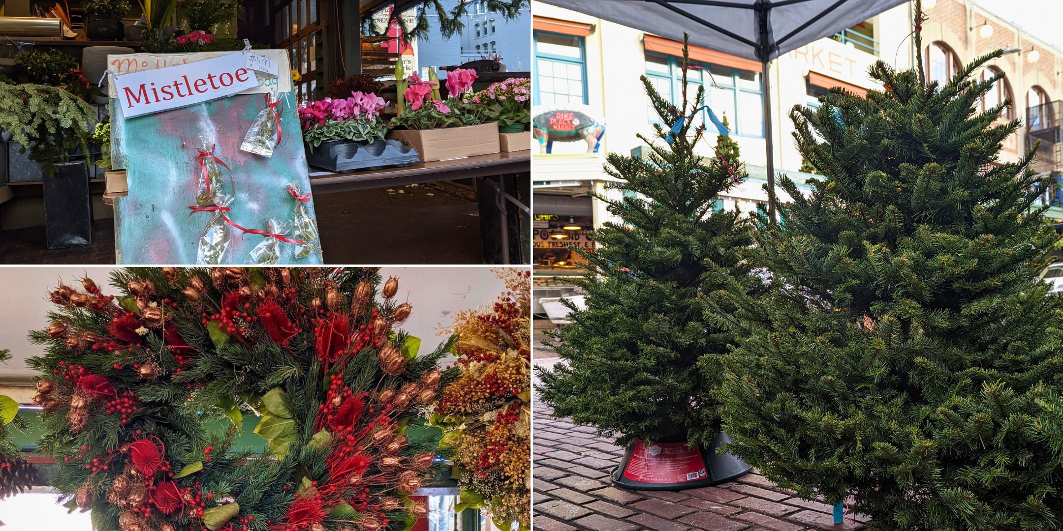 A collage of Christmas trees, holiday wreaths, and mistletoe at Pike Place Market