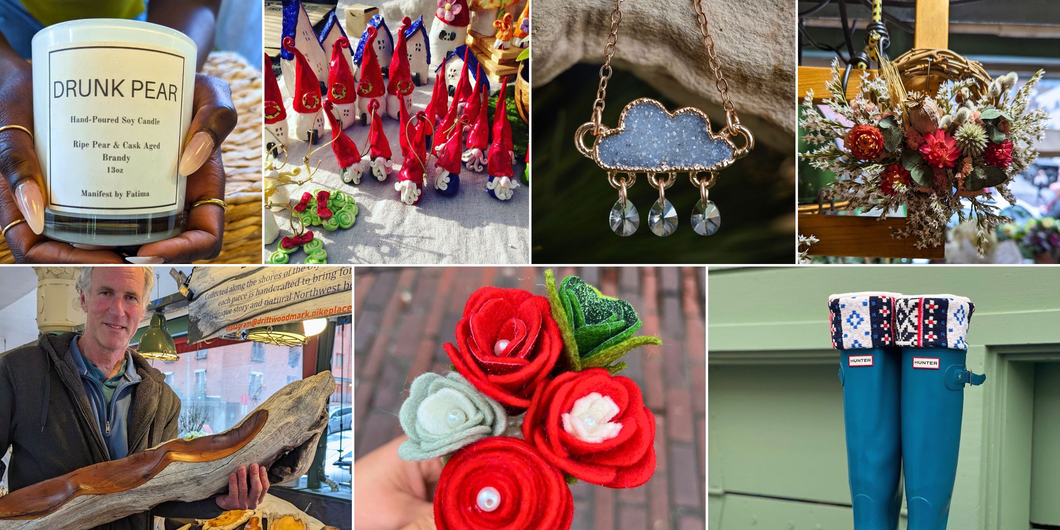 a collage of gifts from the handmade craft market at pike place market