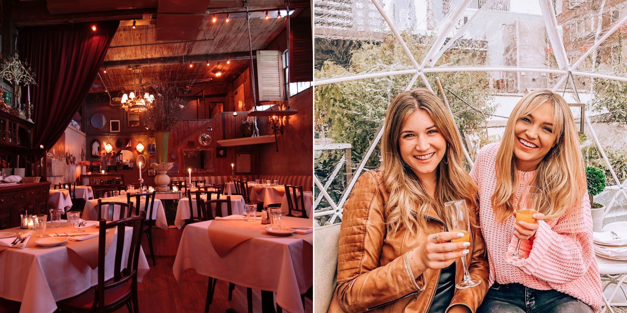 two photos featuring people smiling at a restaurant and the inside of a cozy restaurant