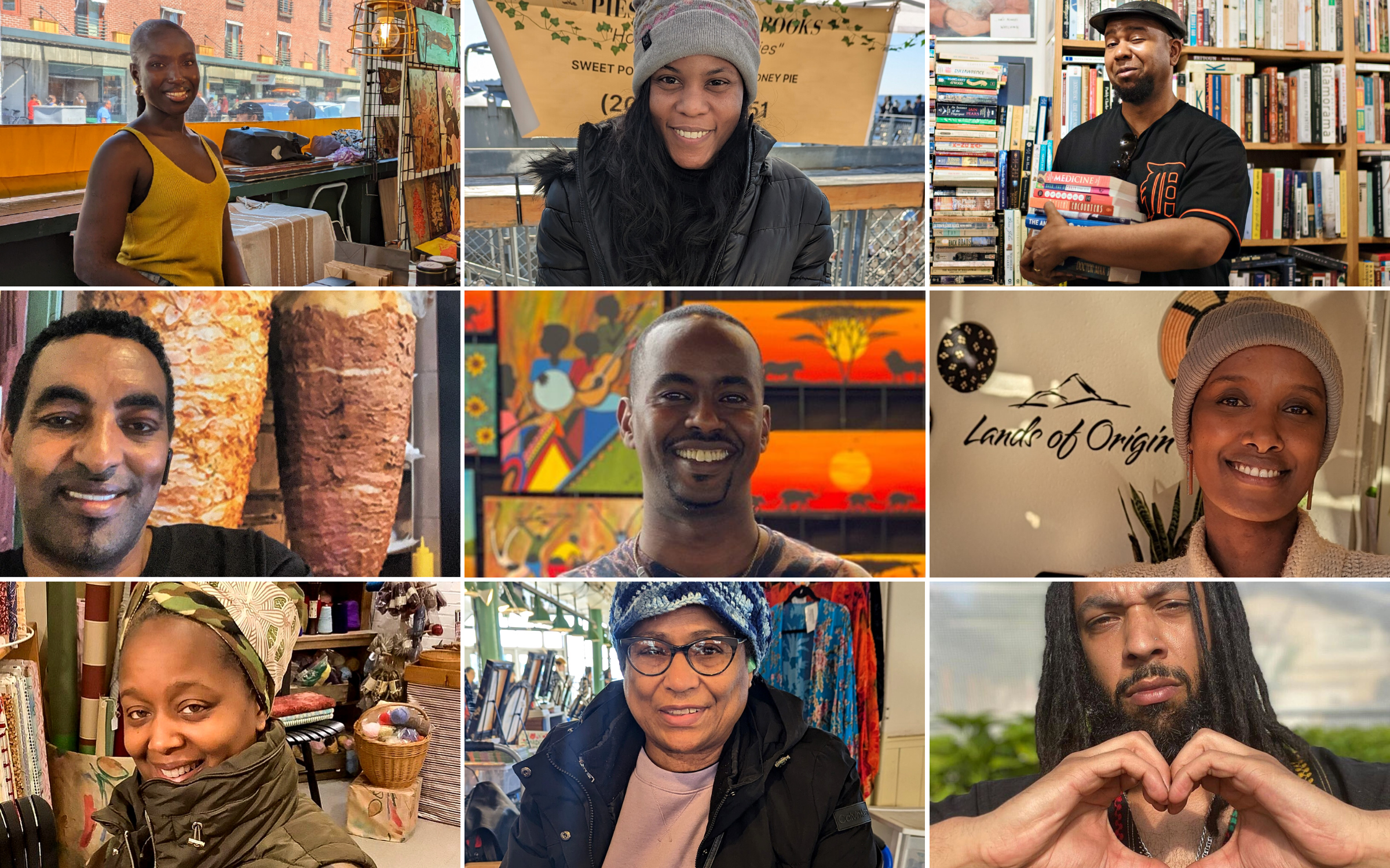 A collage shows the faces of nine black business owners at Pike Place Market in Seattle. February is Black History Month. 