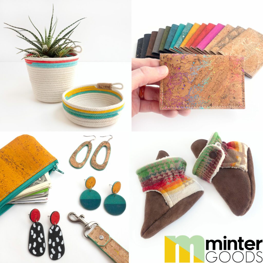 A collage of items handmade by Amy Barr of Minter Goods. The collage features colorful but elegant cork wallets, lightweight cork earrings, baby booties and rope baskets. Find Minter Goods in Pike Place Market. 